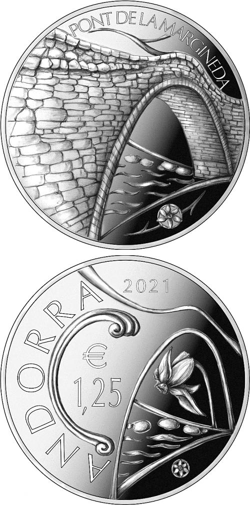 Image of 1.25 euro coin - Margineda Bridge | Andorra 2021.  The Copper–Nickel (CuNi) coin is of UNC quality.