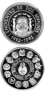 Image of 1000 Australes  coin - Quincentennial of the discovery of the Americas  | Argentina 1991.  The Silver coin is of Proof quality.