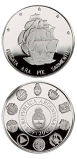 Image of 25 pesos coin - The nautical tradition - Presidente Sarmiento | Argentina 2002.  The Silver coin is of Proof quality.