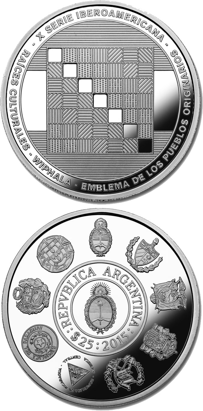 Image of 25 pesos coin - Cultural Roots - Wiphala flag | Argentina 2015.  The Silver coin is of Proof quality.