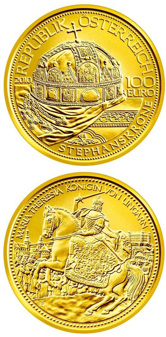 Image of 100 euro coin - The Hungarian Crown of St. Stephen  | Austria 2010.  The Gold coin is of Proof quality.