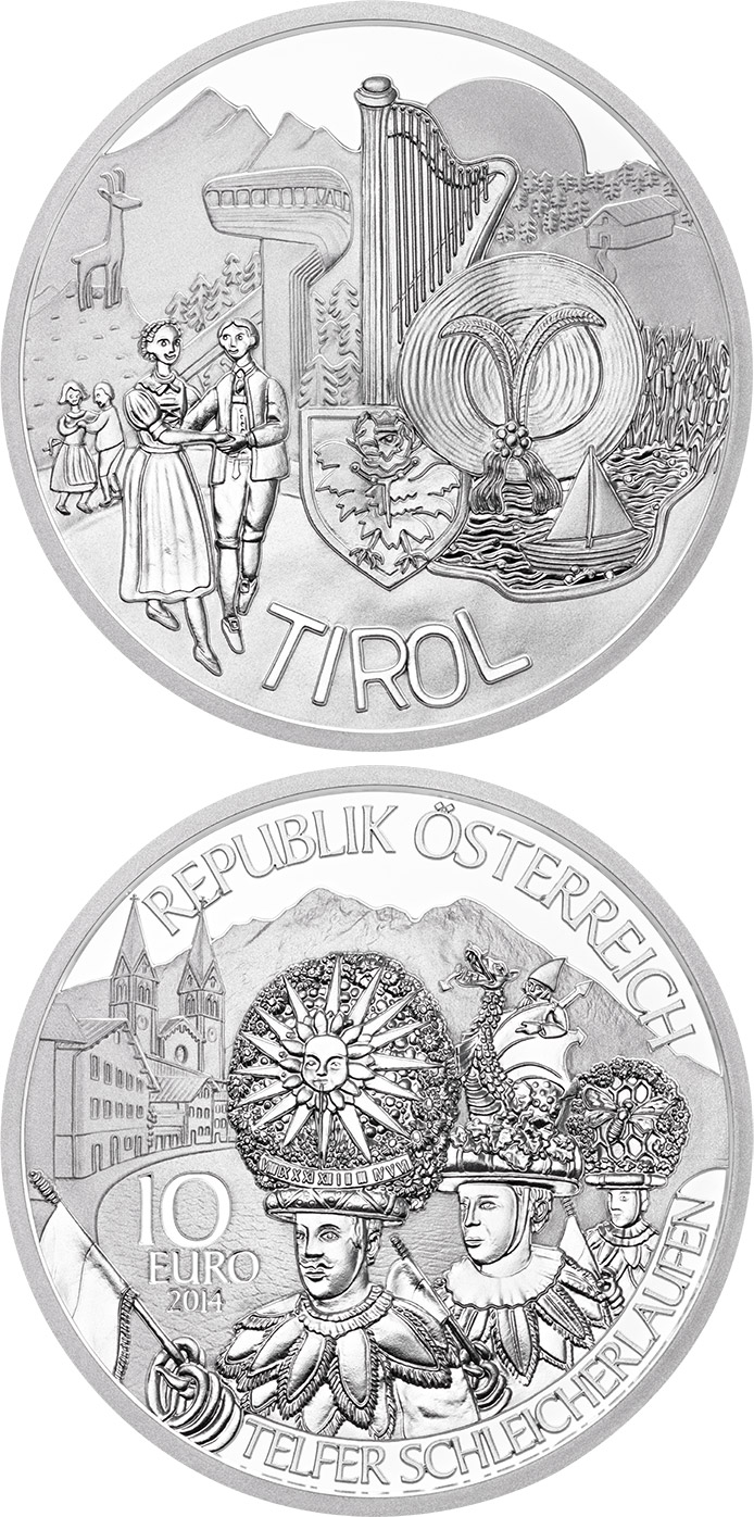 Image of 10 euro coin - Tyrol | Austria 2014.  The Silver coin is of Proof quality.