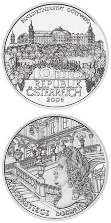 Image of 10 euro coin - Göttweig Abbey | Austria 2006.  The Silver coin is of Proof, BU, UNC quality.