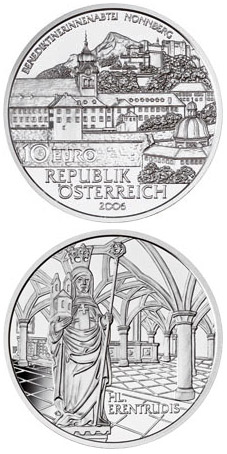 Image of 10 euro coin - Nonnberg Abbey | Austria 2006.  The Silver coin is of Proof, BU, UNC quality.