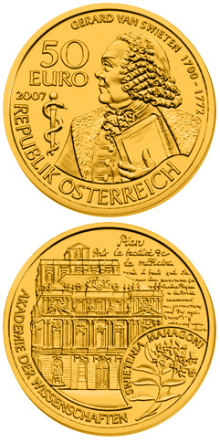 Image of 50 euro coin - Gerard van Swieten | Austria 2007.  The Gold coin is of Proof quality.