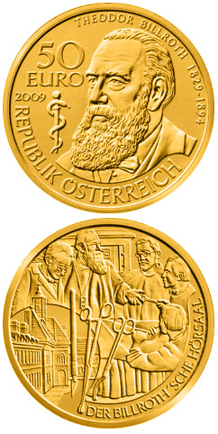 Image of 50 euro coin - Theodor Billroth | Austria 2009.  The Gold coin is of Proof quality.
