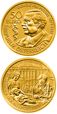 Image of 50 euro coin - Clemens von Pirquet | Austria 2010.  The Gold coin is of Proof quality.