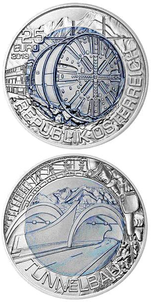Image of 25 euro coin - Tunnelling | Austria 2013.  The Bimetal: silver, niobium coin is of BU quality.