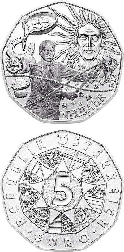 Image of 5 euro coin - The New Year - Folklore | Austria 2014.  The Silver coin is of BU, UNC quality.