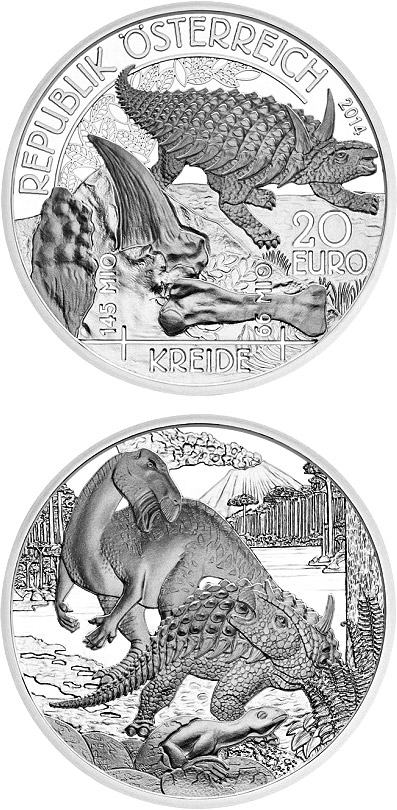 Image of 20 euro coin - Cretaceous − Life on the Ground | Austria 2014.  The Silver coin is of Proof quality.