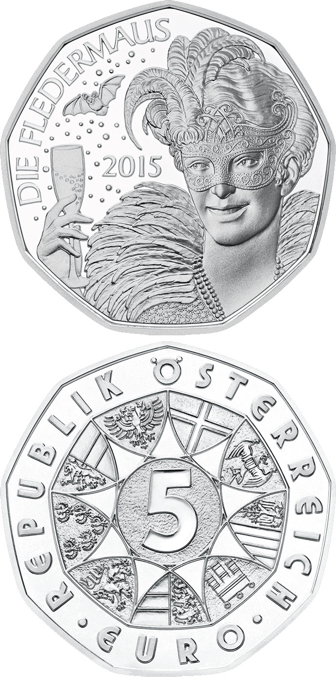 Image of 5 euro coin - Die Fledermaus | Austria 2015.  The Silver coin is of BU, UNC quality.