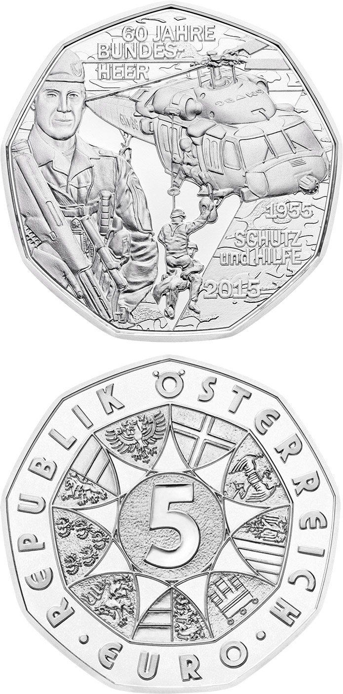 Image of 5 euro coin - Austrian Armed Forces - Protection and Assistance | Austria 2015.  The Silver coin is of BU, UNC quality.