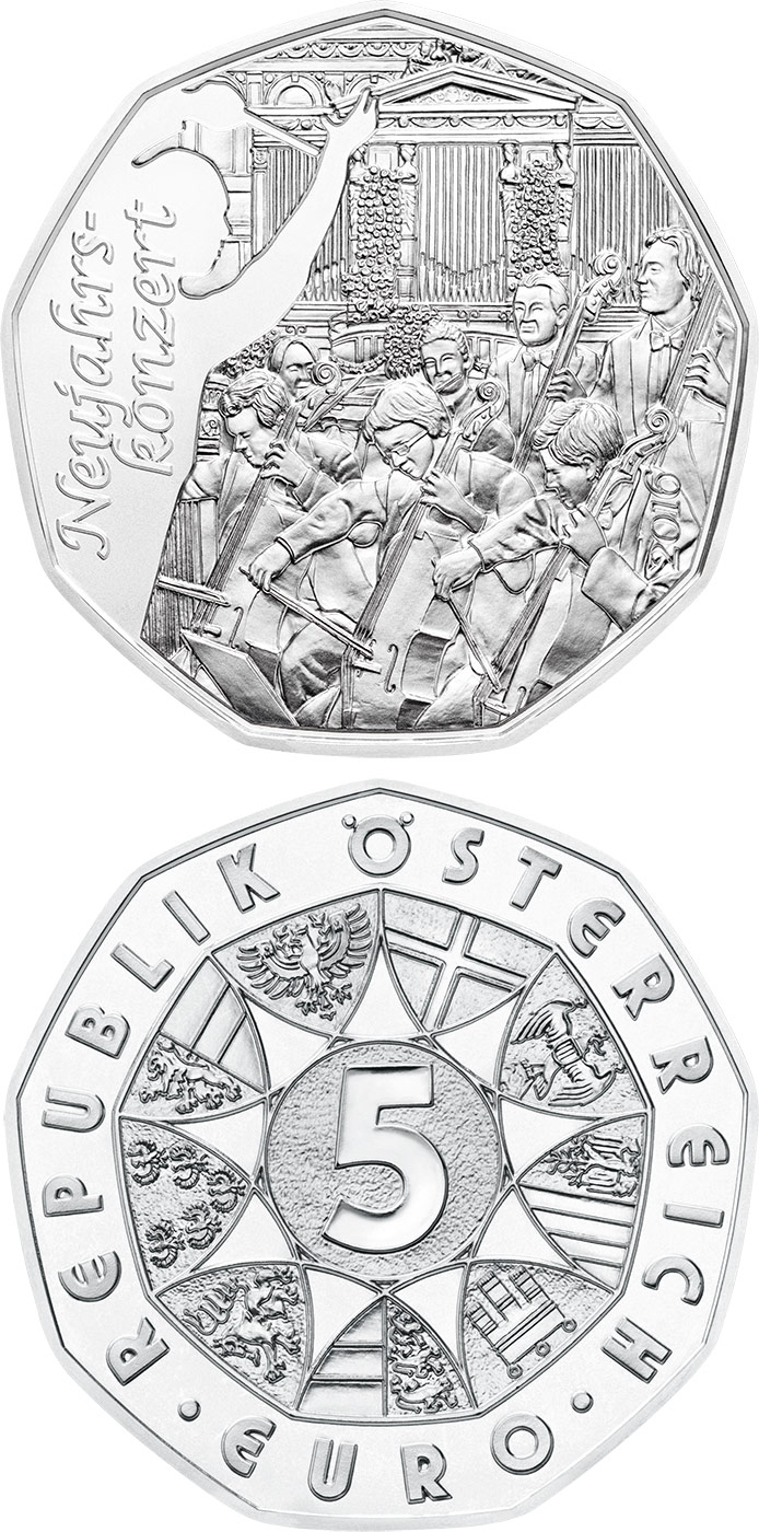Image of 5 euro coin - New Year Concert | Austria 2015.  The Silver coin is of BU, UNC quality.