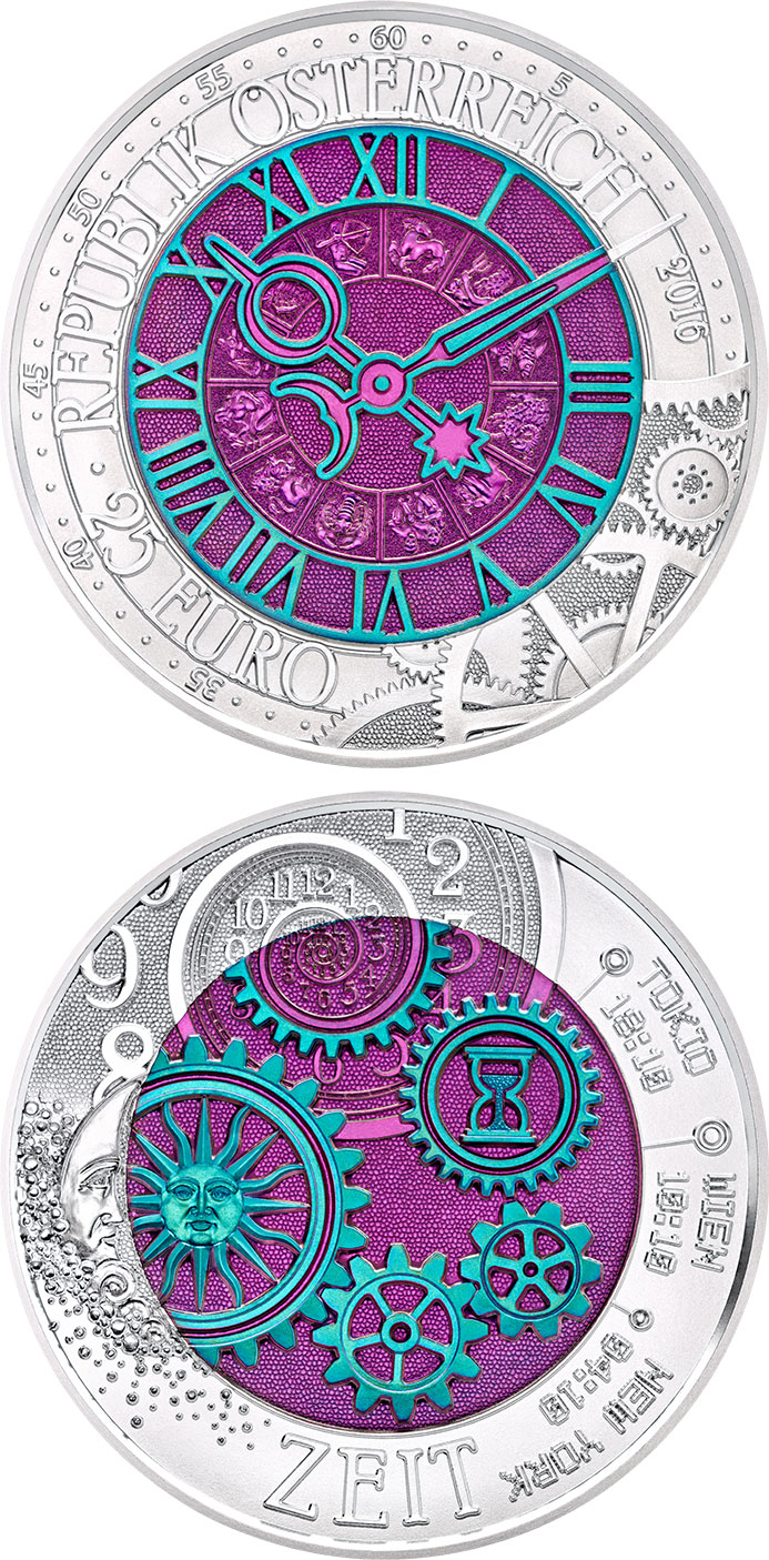 Image of 25 euro coin - Time | Austria 2016.  The Bimetal: silver, niobium coin is of BU quality.
