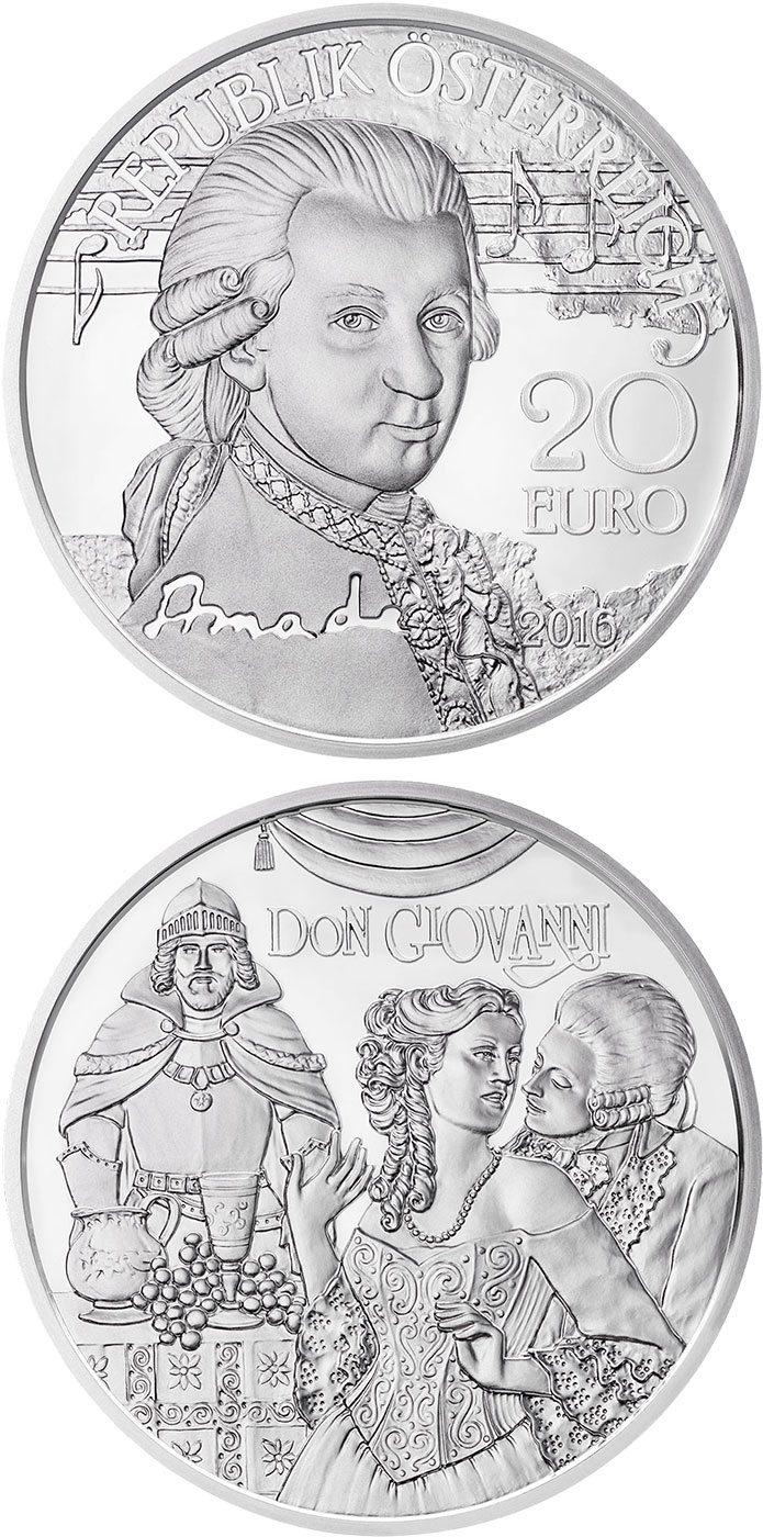 Image of 20 euro coin - Amadeus: The Genius | Austria 2016.  The Silver coin is of Proof quality.