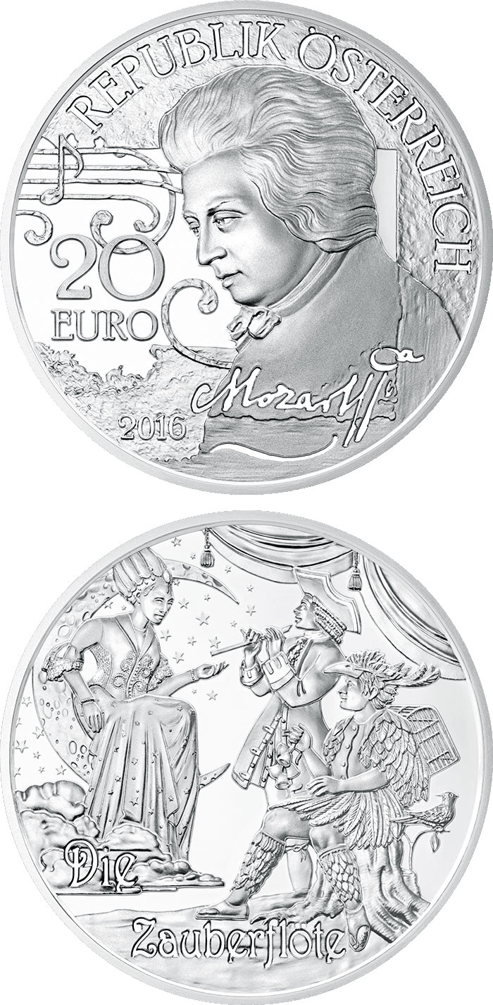 Image of 20 euro coin - Mozart: The Legend | Austria 2016.  The Silver coin is of Proof quality.