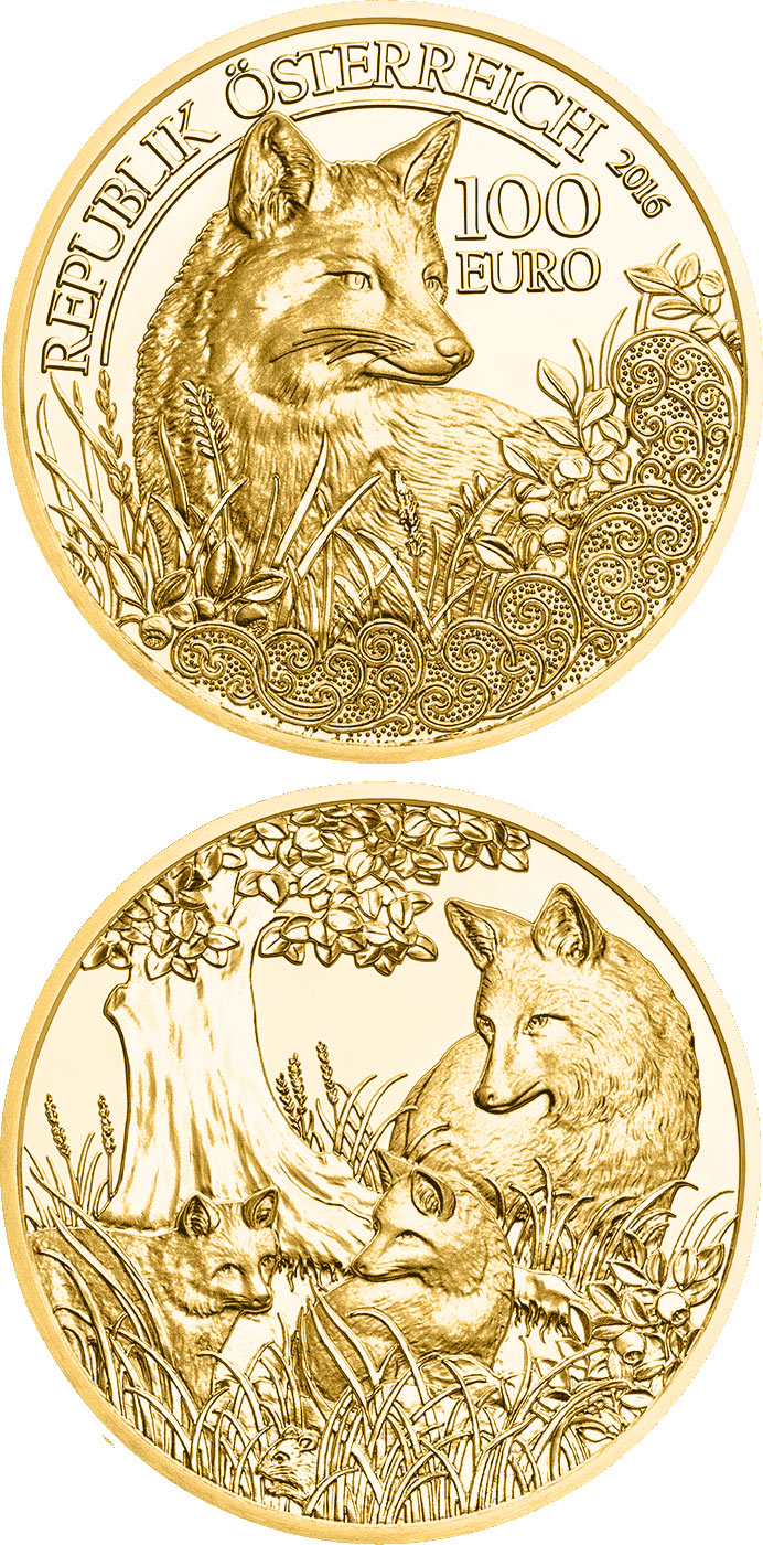 Image of 100 euro coin - The Fox | Austria 2016.  The Gold coin is of Proof quality.