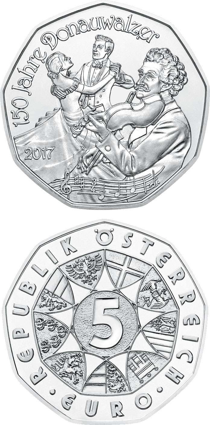 Image of 5 euro coin - 150th Anniversary of the Blue Danube | Austria 2016.  The Silver coin is of BU, UNC quality.