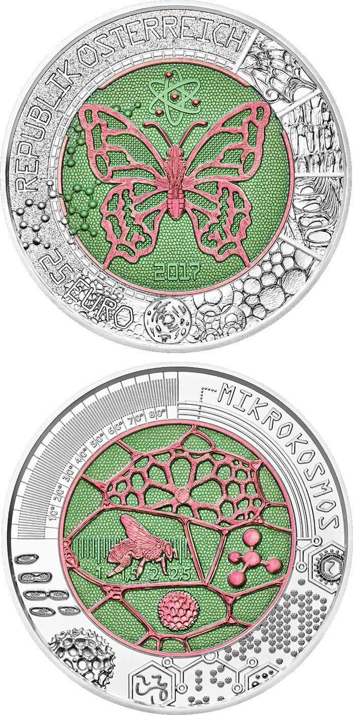 Image of 25 euro coin - Microcosm | Austria 2017.  The Bimetal: silver, niobium coin is of BU quality.