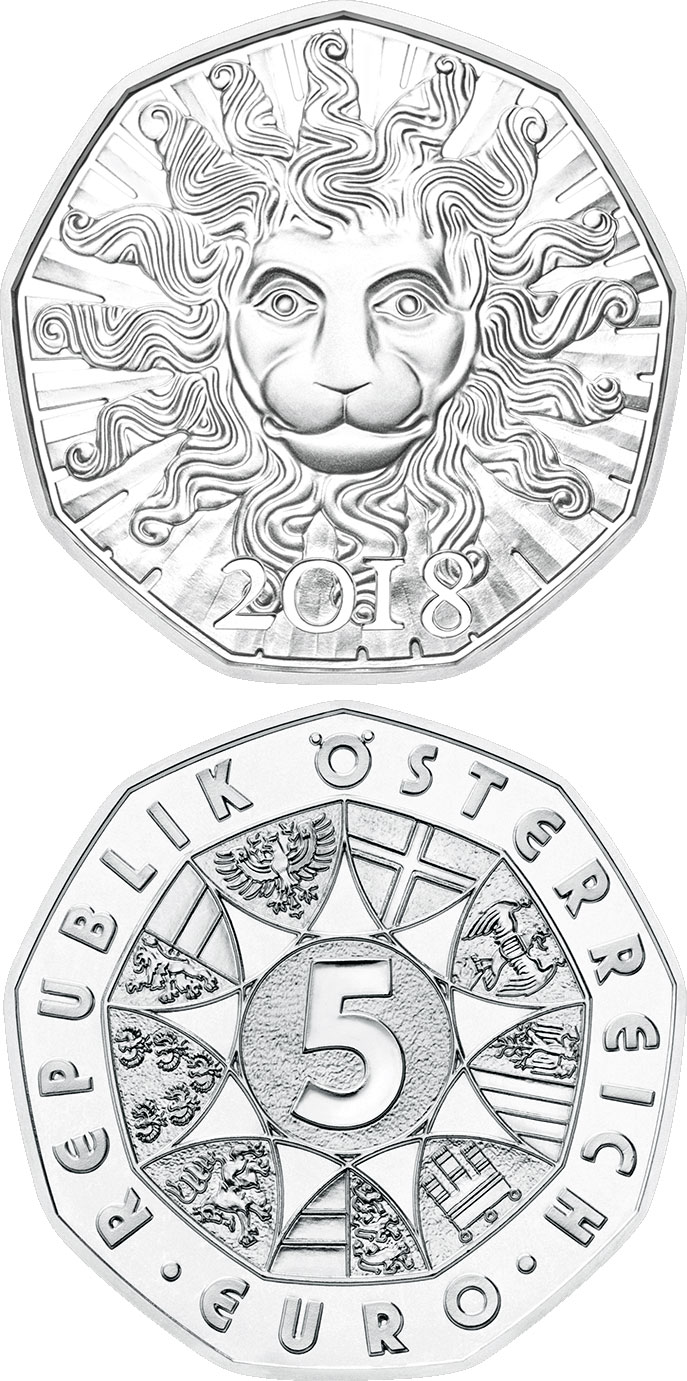 Image of 5 euro coin - New Year coin 2018 | Austria 2017.  The Silver coin is of BU, UNC quality.