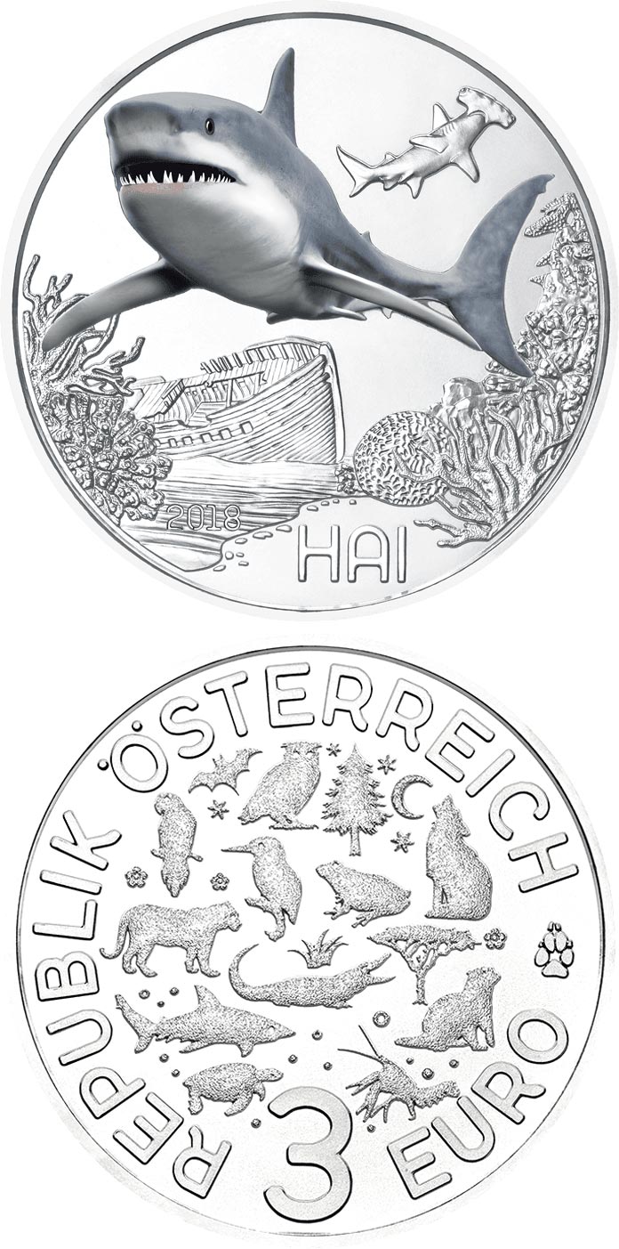 Image of 3 euro coin - The Shark | Austria 2018.  The Copper coin is of UNC quality.