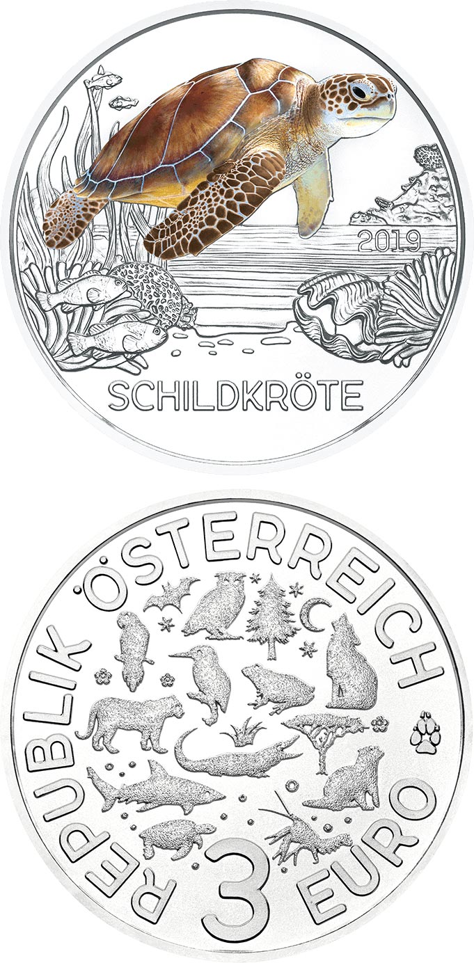 Image of 3 euro coin - The Turtle | Austria 2019.  The Copper coin is of UNC quality.