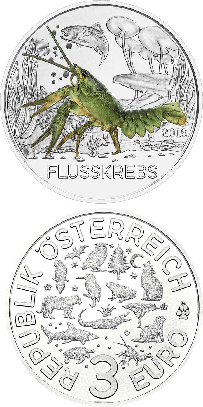 Image of 3 euro coin - The Crayfish | Austria 2019.  The Copper coin is of UNC quality.