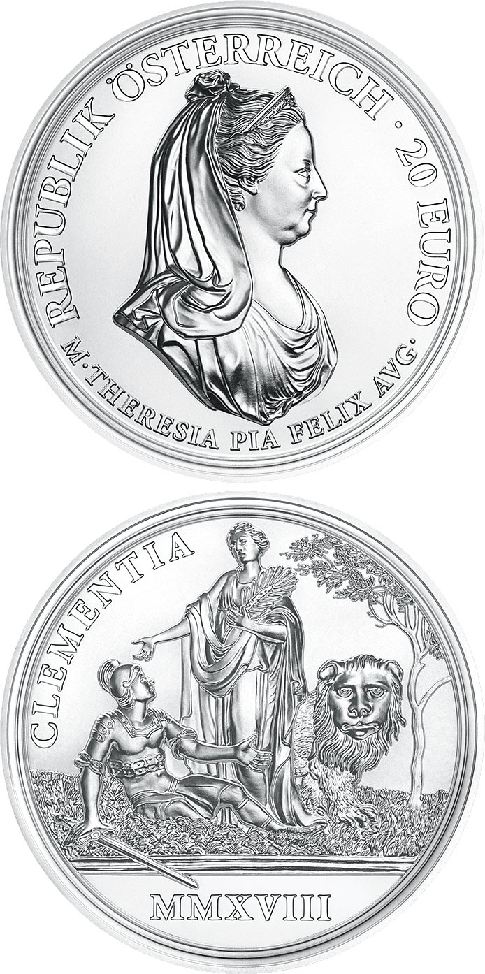 Image of 20 euro coin - Clemency and Faith | Austria 2018.  The Silver coin is of Proof quality.
