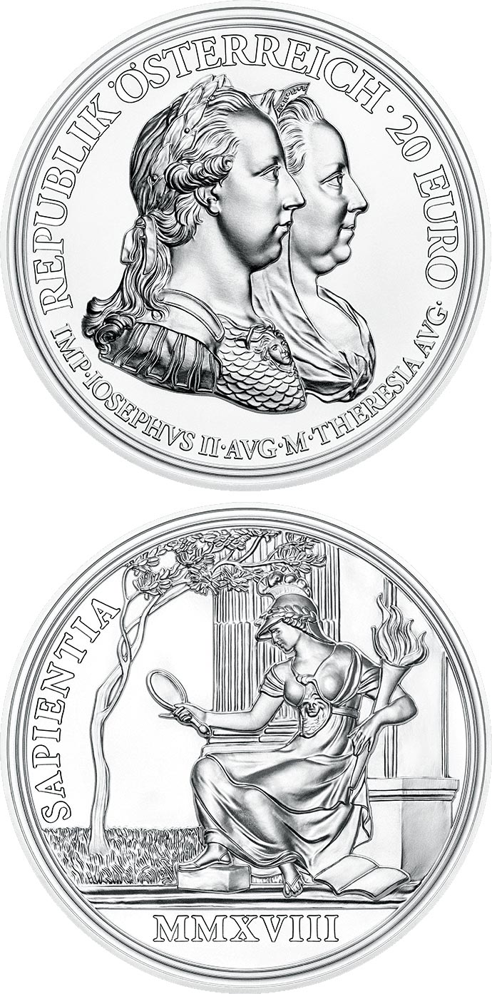 Image of 20 euro coin - Prudence and Reform | Austria 2018.  The Silver coin is of Proof quality.