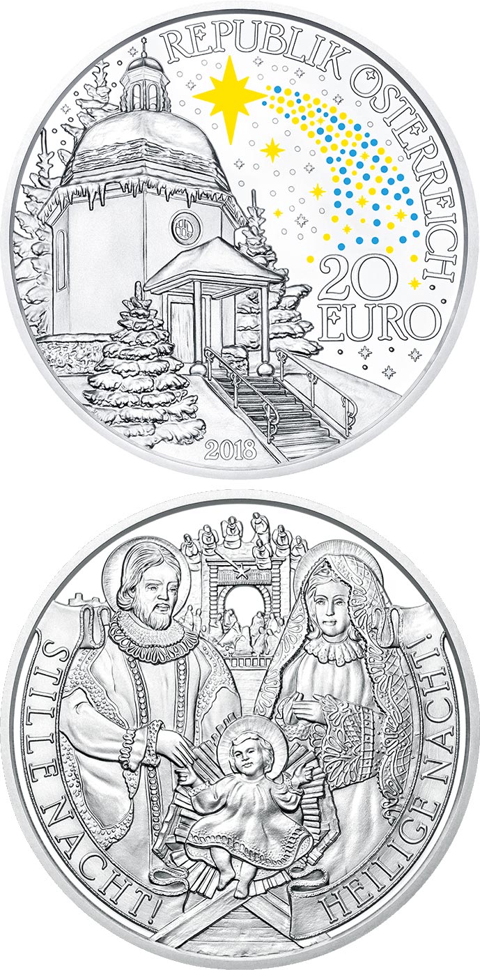 Image of 10 euro coin - The 200th Anniversary of Silent Night | Austria 2018.  The Silver coin is of Proof quality.