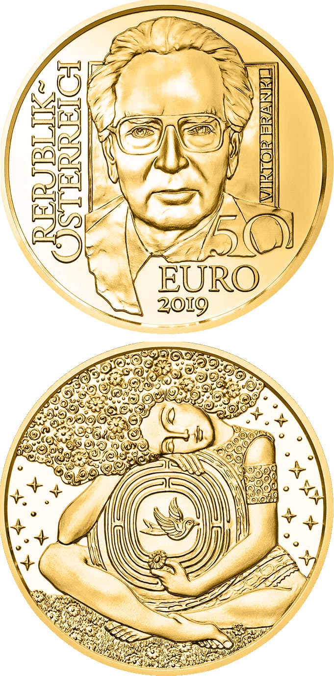 Image of 50 euro coin - Viktor Frankl | Austria 2019.  The Gold coin is of Proof quality.