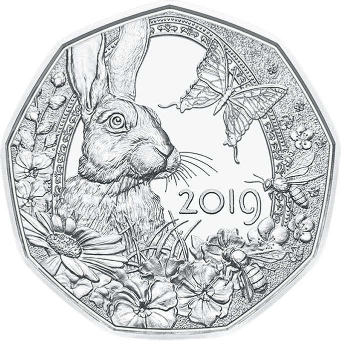 Image of 5 euro coin - Spring Awakening | Austria 2019.  The Silver coin is of BU, UNC quality.