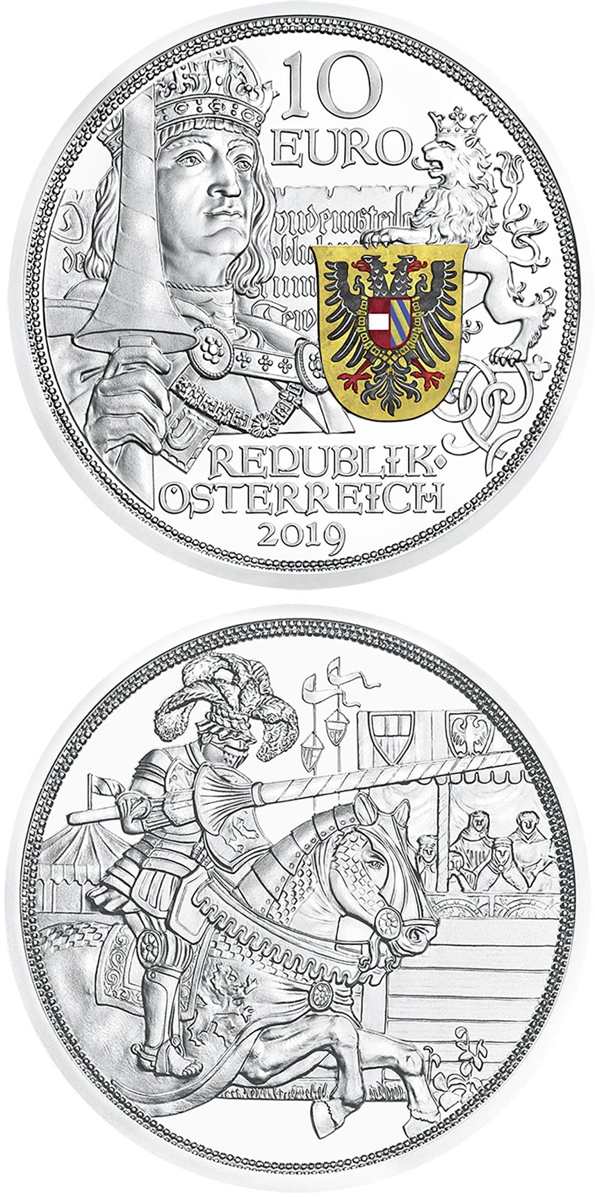Image of 10 euro coin - Chivalry | Austria 2019.  The Silver coin is of Proof, BU, UNC quality.