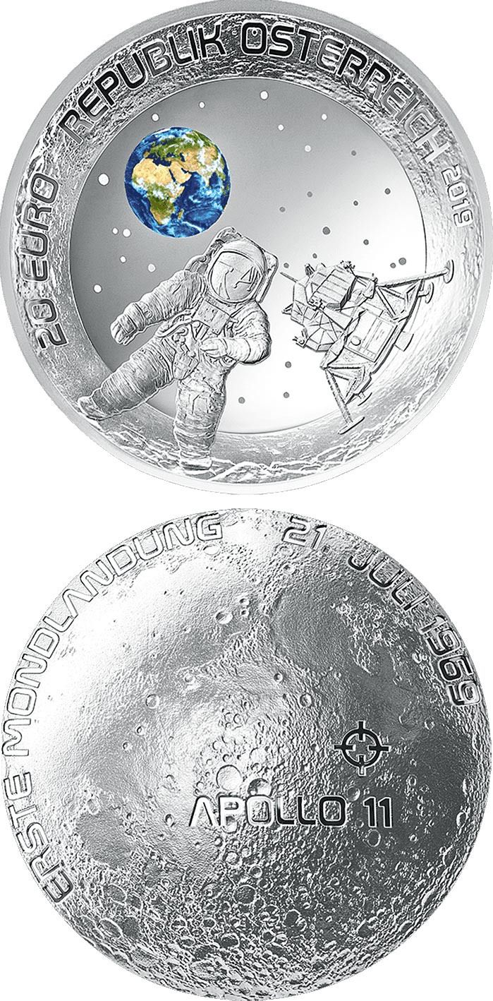 Image of 20 euro coin - 50th Anniversary of the Moon Landing | Austria 2019.  The Silver coin is of Proof quality.
