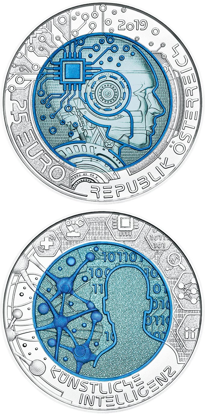 Image of 25 euro coin - Artificial Intelligence | Austria 2019.  The Bimetal: silver, niobium coin is of BU quality.