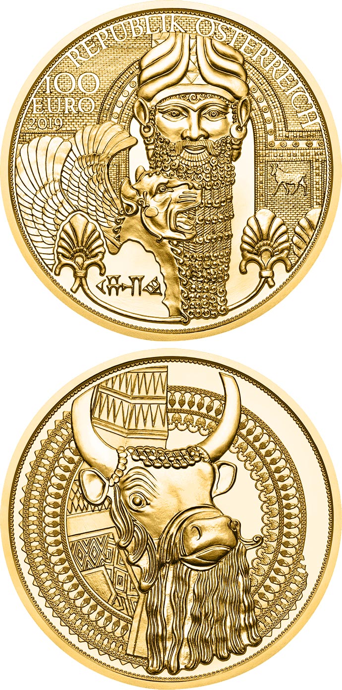 Image of 100 euro coin - The Gold of Mesopotamia | Austria 2019.  The Gold coin is of Proof quality.