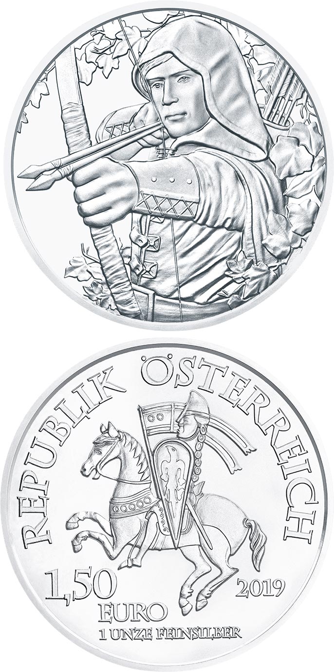 Image of 1.5 euro coin - Robin Hood - 825th Anniversary of the Austrian Mint | Austria 2019.  The Silver coin is of BU quality.
