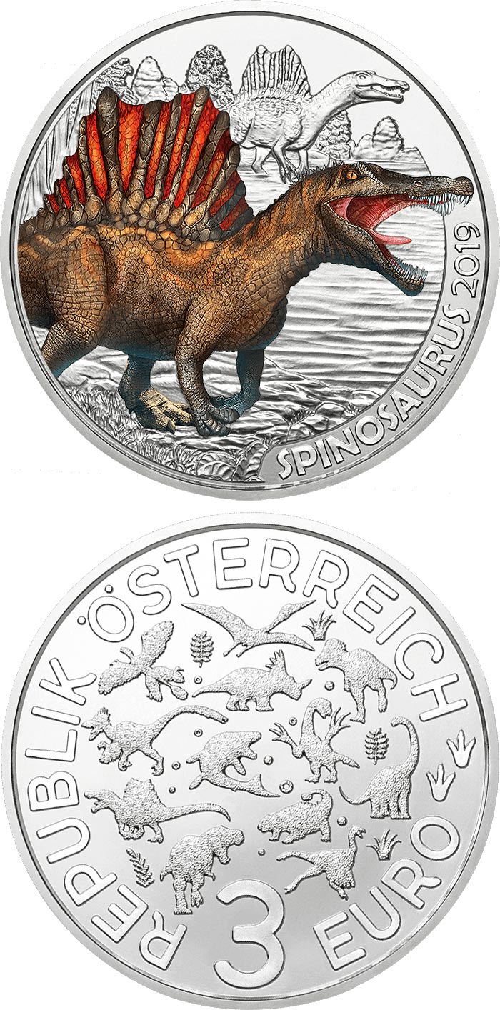 Image of 3 euro coin - Spinosaurus | Austria 2019.  The Copper coin is of UNC quality.