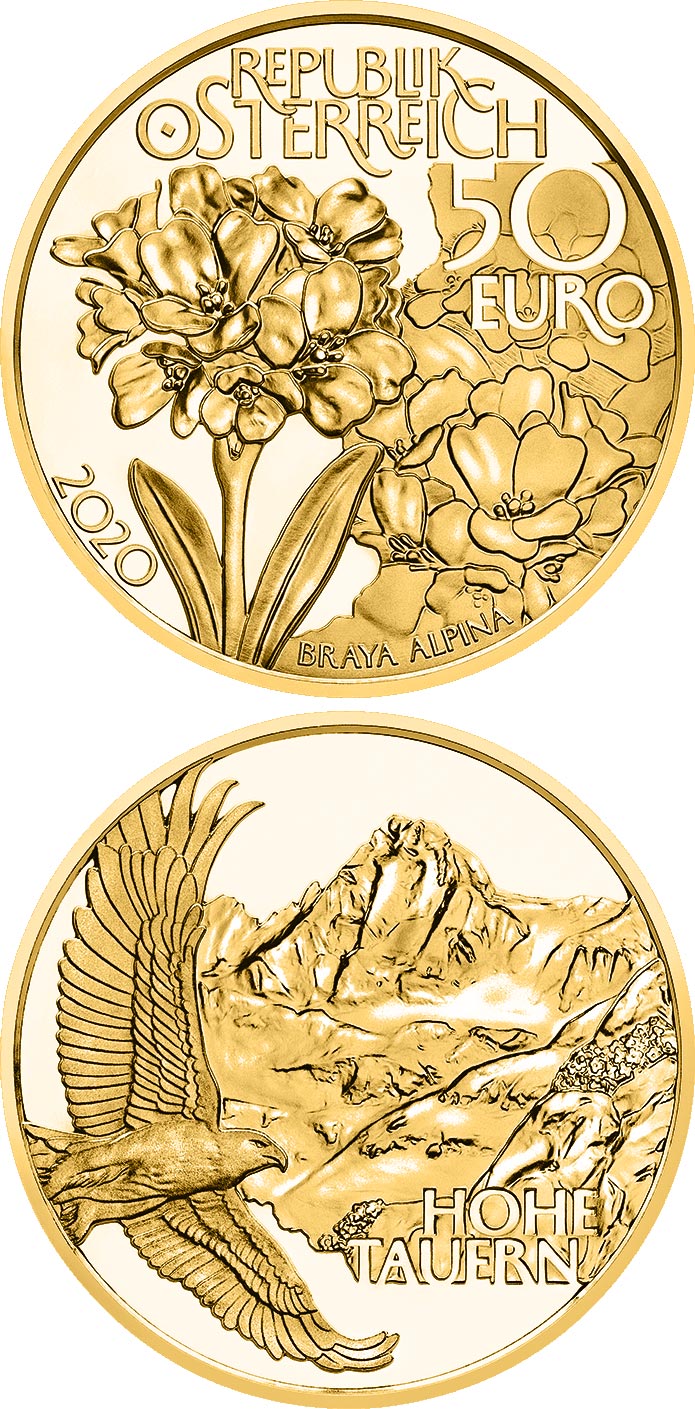 Image of 50 euro coin - High Peaks | Austria 2020.  The Nickel, bronze plating coin is of Proof quality.