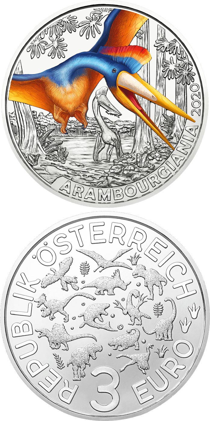 Image of 3 euro coin - Arambourgiania  - the Largest Flying Dinosaur | Austria 2020.  The Copper coin is of UNC quality.