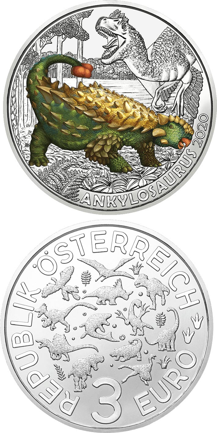 Image of 3 euro coin - Ankylosaurus - 
the Toughest Dinosaur | Austria 2020.  The Copper coin is of UNC quality.