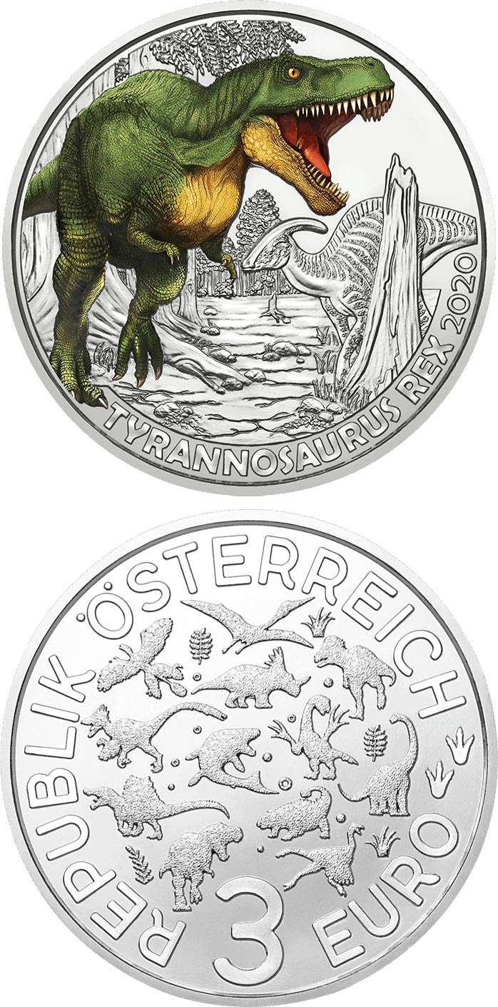 Image of 3 euro coin - Tyrannosaurus Rex –
the Longest Teeth | Austria 2020.  The Copper coin is of UNC quality.