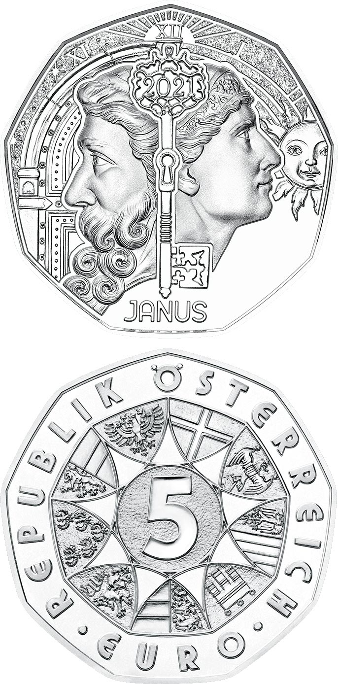 Image of 5 euro coin - New Year Coin 2021 | Austria 2021.  The Silver coin is of BU, UNC quality.