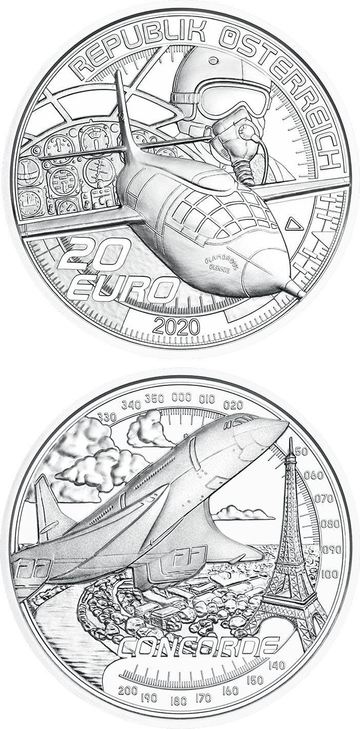 Image of 20 euro coin - Faster than Sound | Austria 2020.  The Silver coin is of Proof quality.