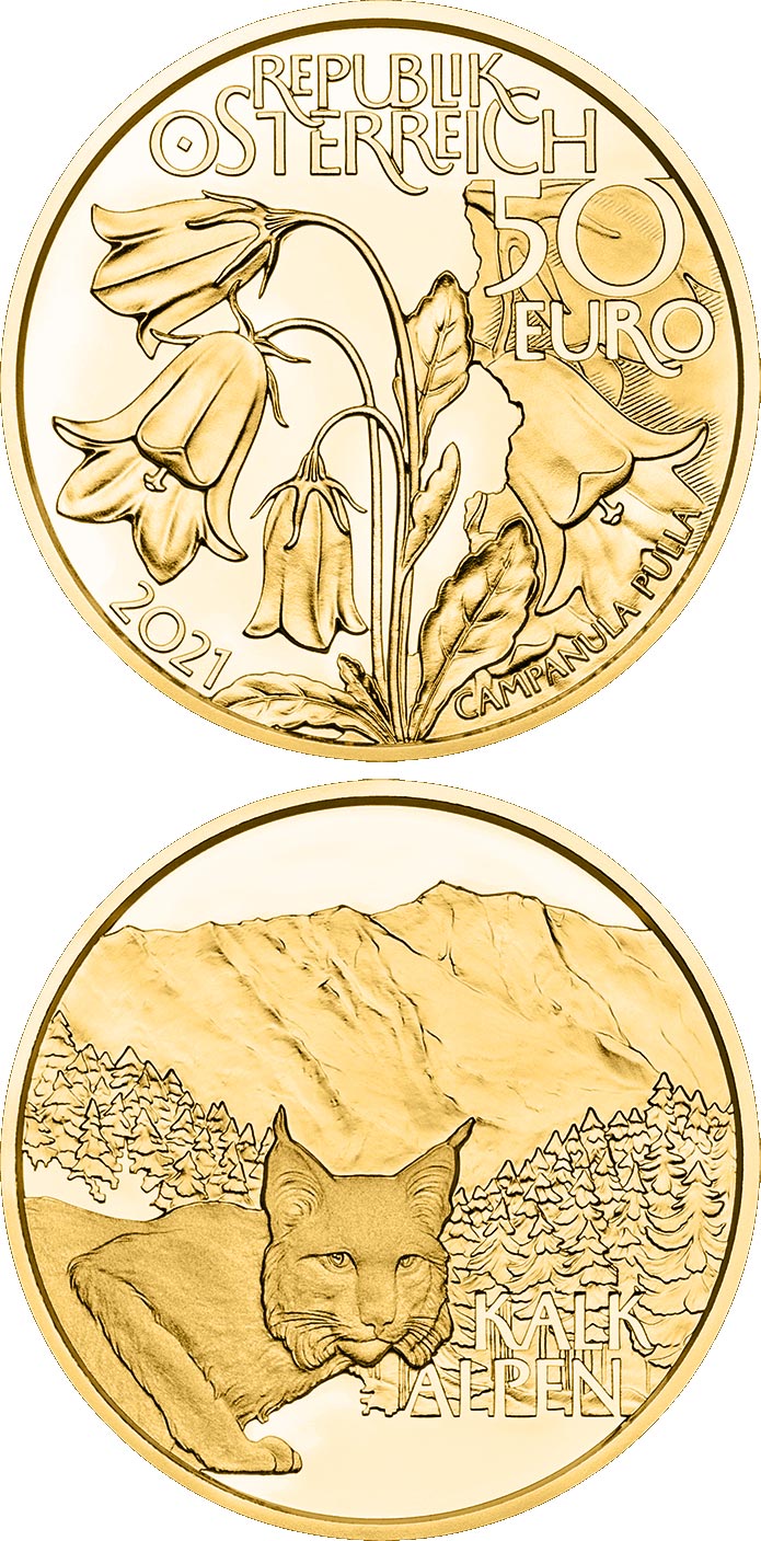 Image of 50 euro coin - Alpine Forests | Austria 2021.  The Gold coin is of Proof quality.