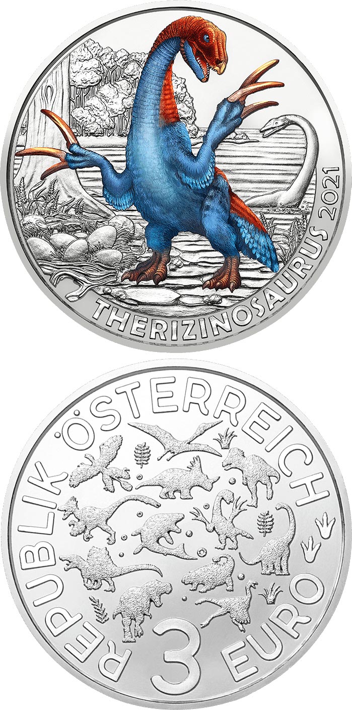 Image of 3 euro coin - Therizinosaurus cheloniformis – the longest claws | Austria 2021.  The Copper coin is of UNC quality.