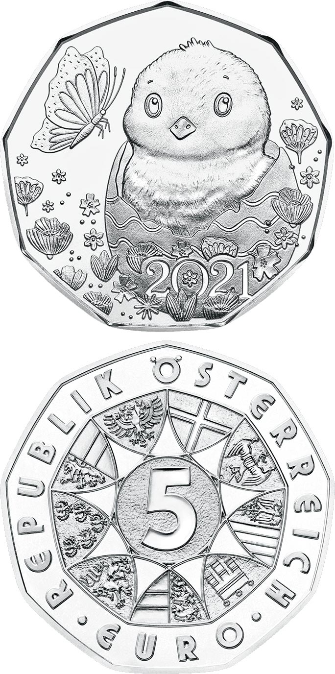 Image of 5 euro coin - Easter Coin 2021 | Austria 2021.  The Silver coin is of BU, UNC quality.