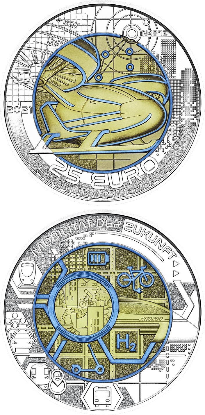 Image of 25 euro coin - Smart Mobility | Austria 2021.  The Bimetal: silver, niobium coin is of BU quality.