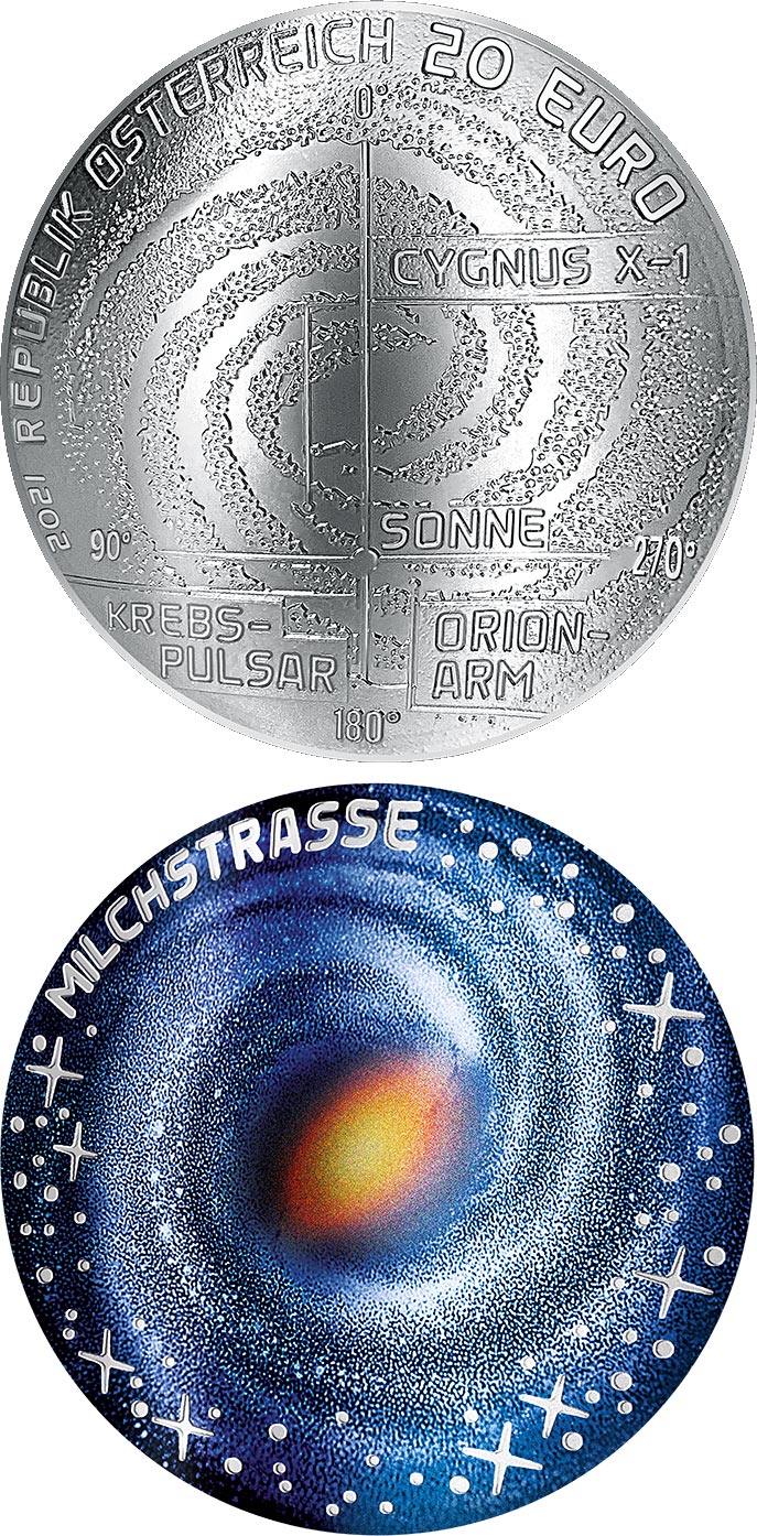 Image of 20 euro coin - The Milky Way | Austria 2021.  The Silver coin is of Proof quality.
