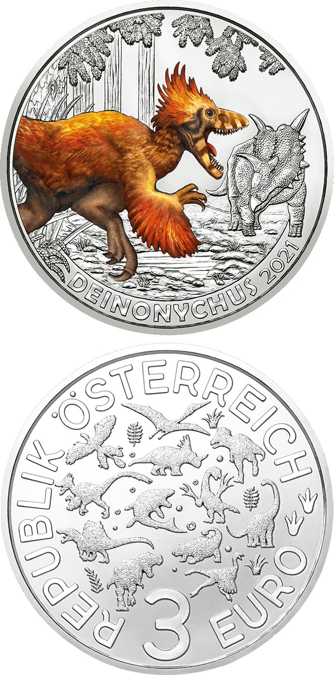 Image of 3 euro coin - Deinonychus antirrhopus –
the smartest dinosaur | Austria 2021.  The Copper coin is of UNC quality.